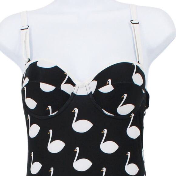 Swimsuit Vintage Style Structured One Piece  in Black White Swan Prints Size Sm - Picture 2 of 7